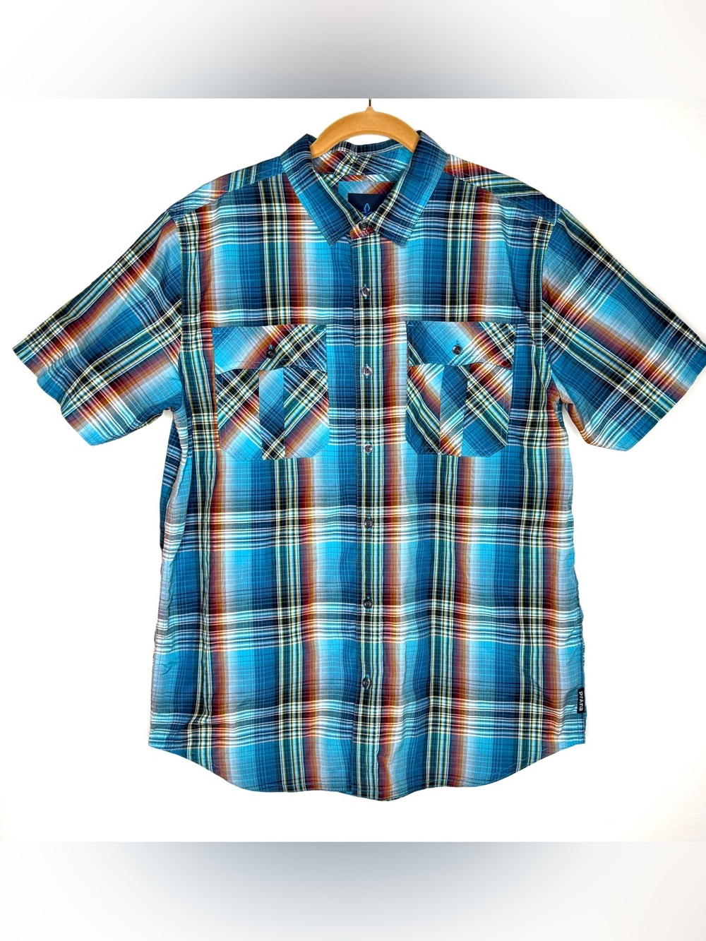 Prana men's button-down plaid shirt short sleeves large blue pockets multicolor
